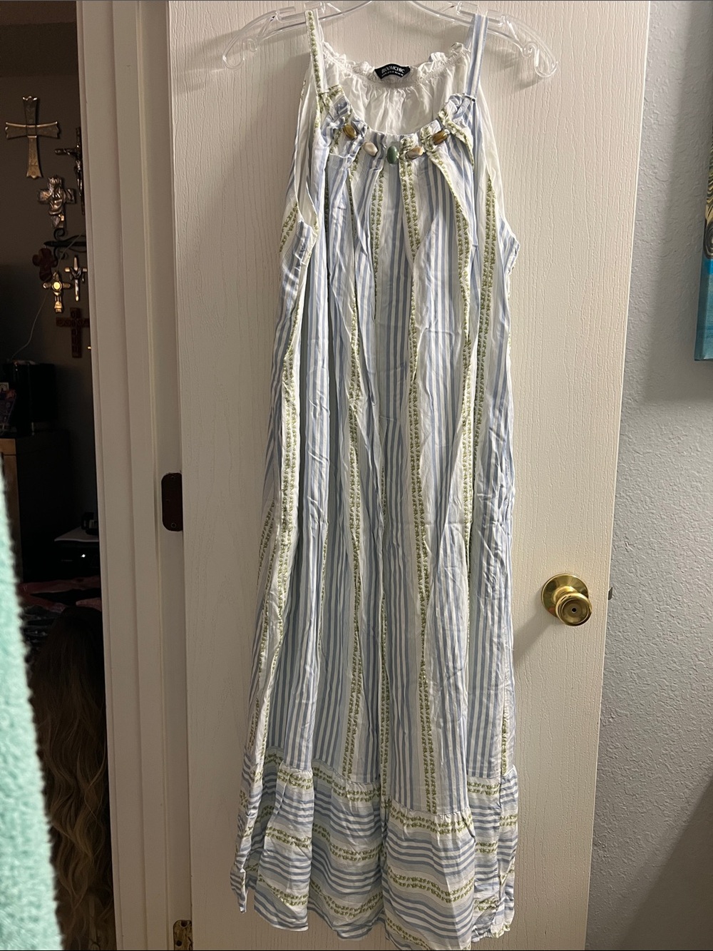 BloomChic Blue & White Striped Maxi Dress with Green Trim